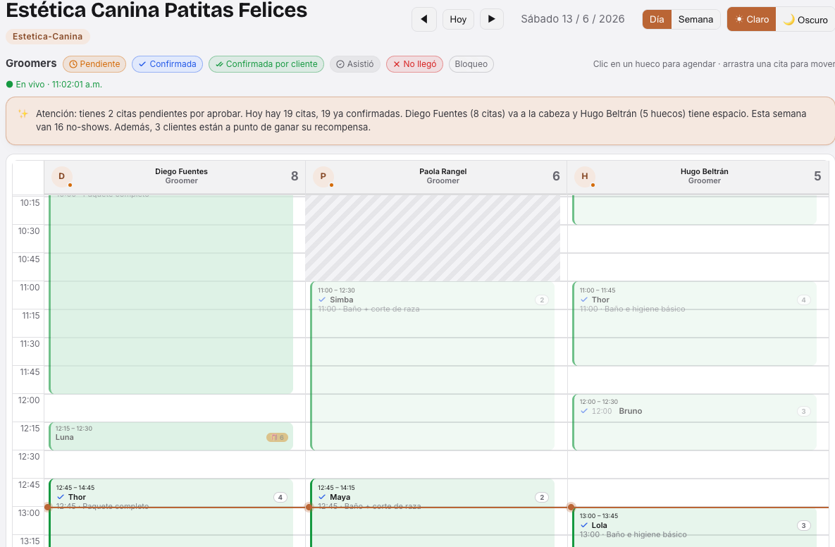 Panel de Agenda Lista, calendario por groomer con citas confirmadas