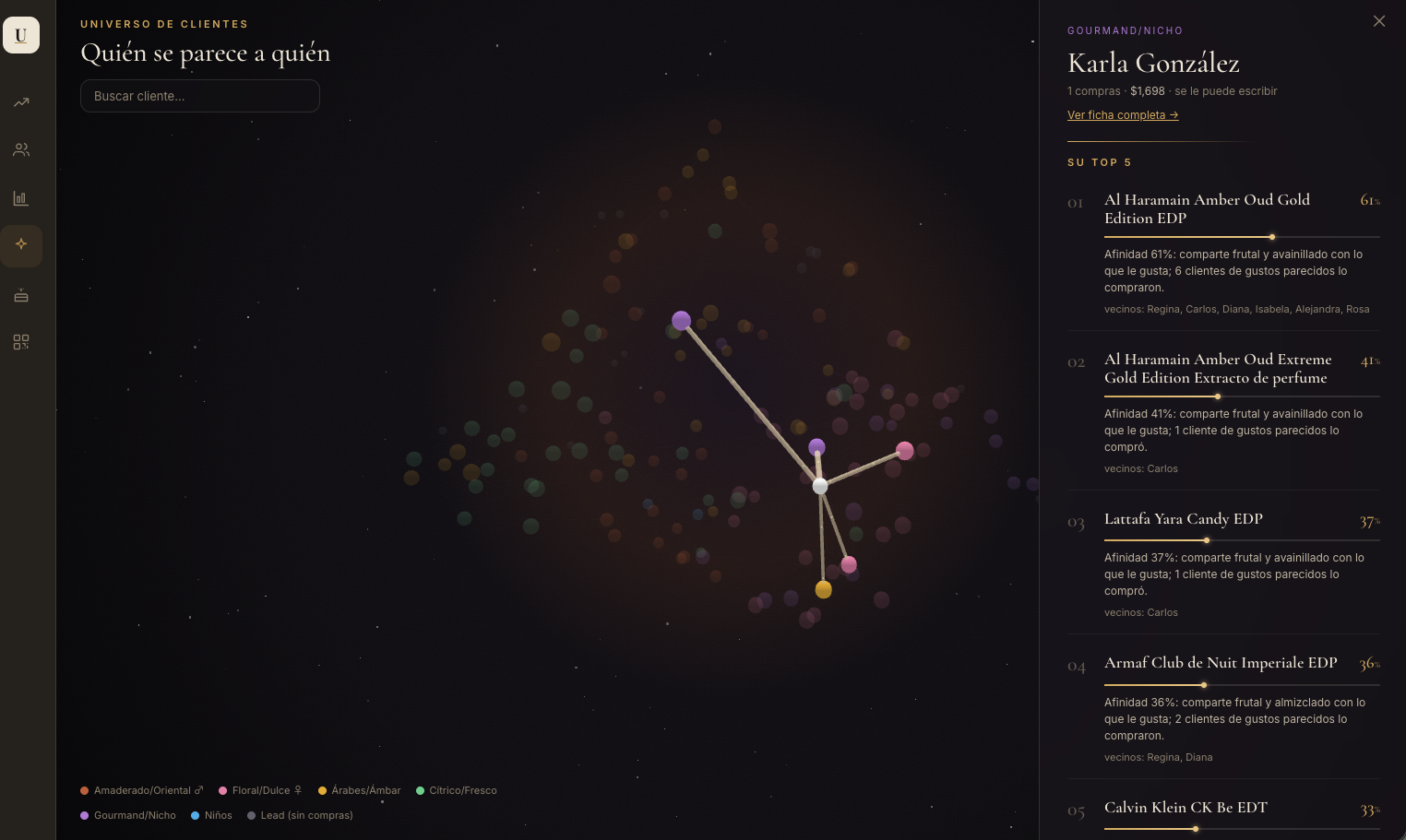 Universo de Clientes de Fidela, mapa de afinidades y top 5 de recomendaciones por cliente